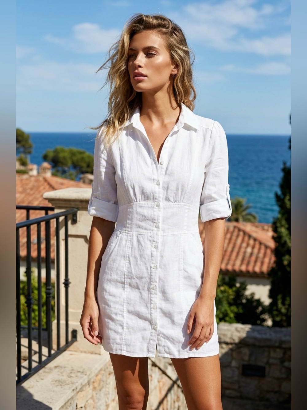 Nikibiki NWOT White 100% Linen Button-Front Mini Shirt bottom lined Dress.